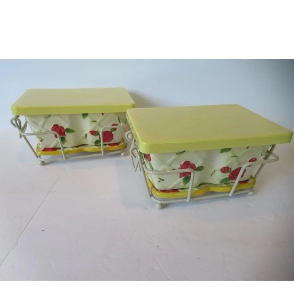 Yellow Old World Rose 8 Pc Set 2 Ceramic 1 QT Plates Lids Baskets
